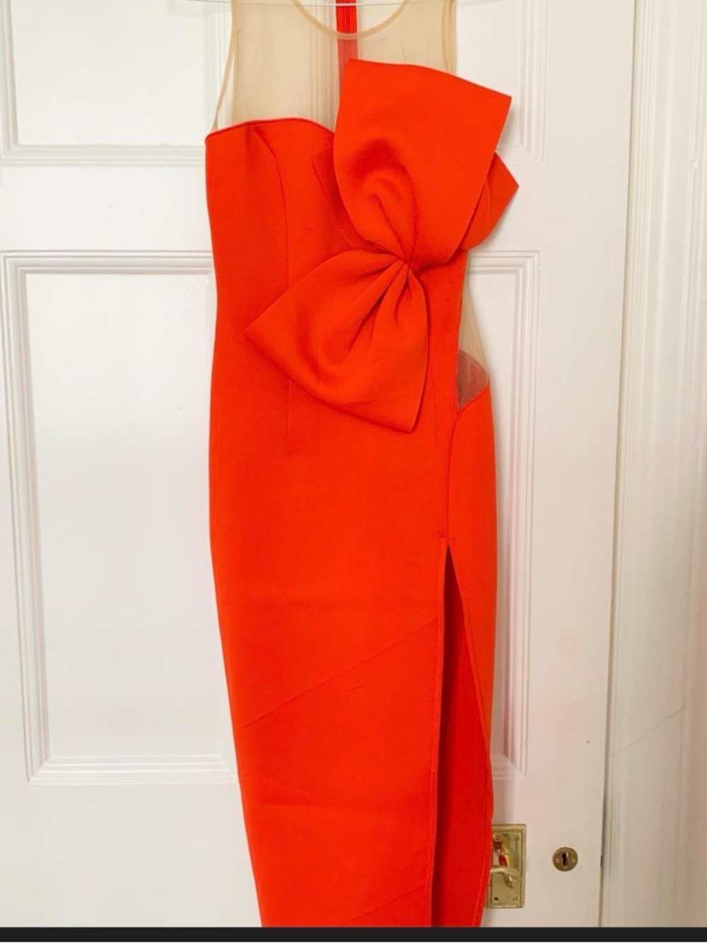 Bold Orange Strapless Midi Dress with Bow & High Slit